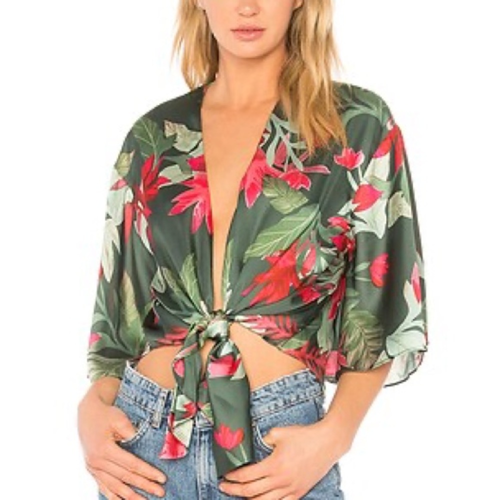 Lovers + Friends Tropical Tie-Front Blouse - Green and Red